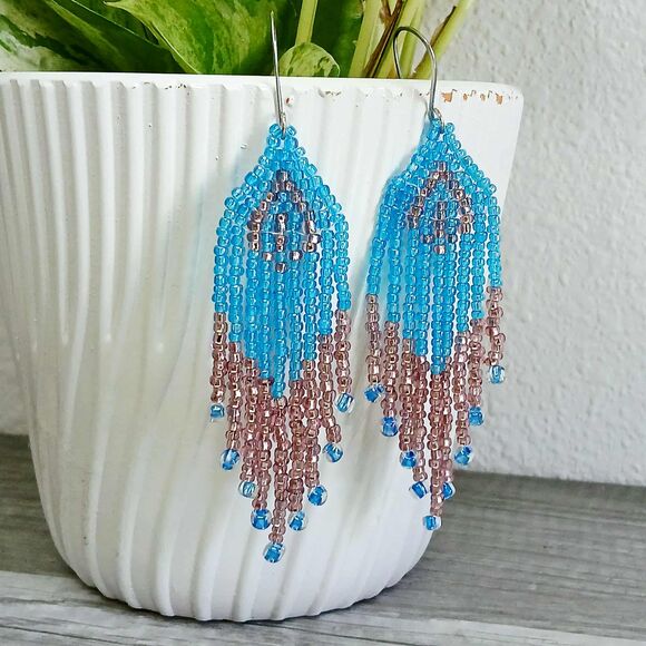 Blue & Pink Beaded Fringe Cascade Dangle Earrings, Seed Bead Jewelry, 4" - Picture 3 of 8